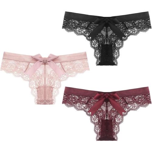 Size L...Women Lace Bow Thongs,T Back Low Waist Panties Sexy V-Shape Design Floral Lace, Breathable Panties Undies for Women 3-Pack