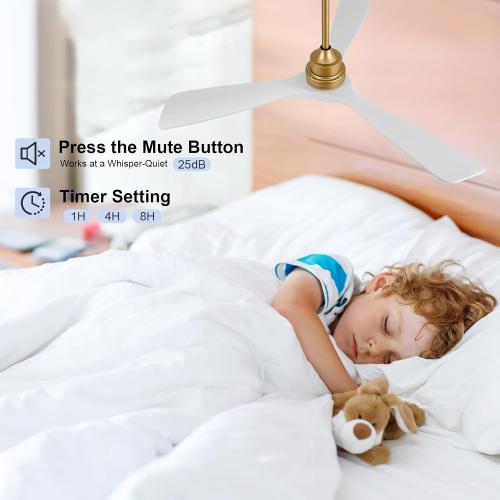 52 Inch White and Gold Ceiling Fans with Lights and Remote, 3 Blade Wood Outdoor Ceiling Fan with Light Outdoor Ceiling Fans for Patios, Bedroom Ceiling Fan for Modern Living Room Patio Indoor Office