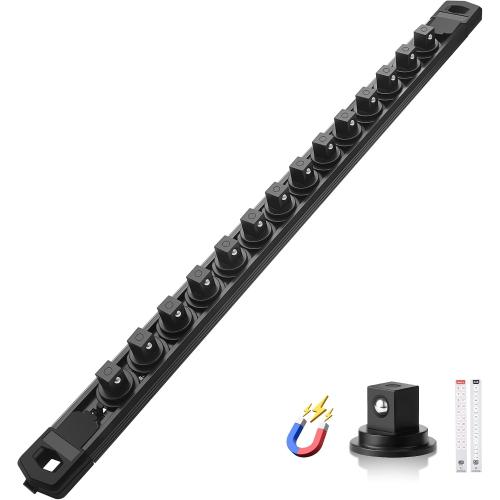 Reniteco Magnetic Socket Organizer, 3/8 Drive Aluminum Alloy Socket Rail, Heavy Duty Magnetic Socket Holder with 14PC 360° Swivel Removable Clips, Magnetic Socket Rack for Tool Box Drawer, Black