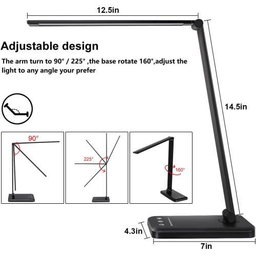 White crown LED Desk Lamp Dimmable Table Lamp Reading Lamp with USB Charging Port, 5 Lighting Modes, Sensitive Control, 30/60 Minutes Timer (Black, First-Generation)