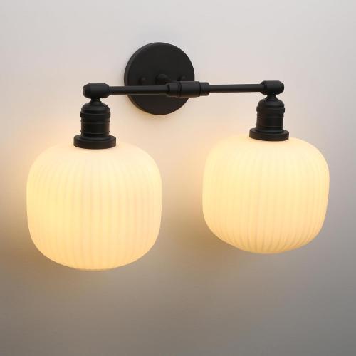 Pathson 2 Lights Milk White Globe Wall Sconce, Hardwired Antique Double Sconce for Living Room Home Decor, Striped Glass Bathroom Vanity Light, E26 Bulb Base
