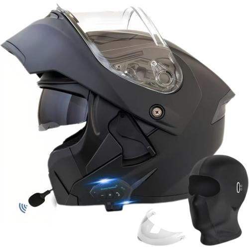 Color Black Motorcycle Bluetooth Modular Helmet, DOT Approved Flip Up Full Face Motorcycle Dual Visor Helmet, with Dual Speakers and Microphone, for Adults Men and Women