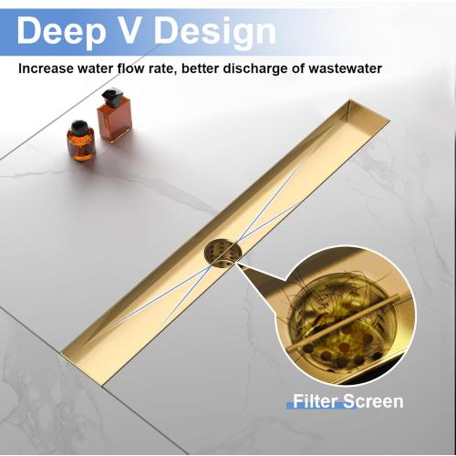 24-Inch Linear Shower Drain with Tile Insert Grate, SUS 304 Stainless Steel Linear Drain, Brushed Gold Long Rectangle Shower Floor Drain with Leveling Feet, Hair Strainer, Fits Bathroom