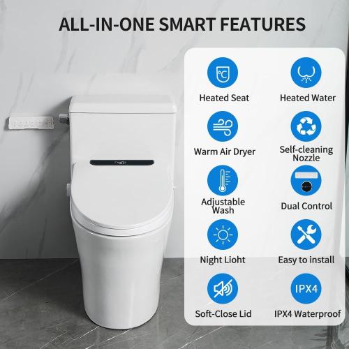 Electric Bidet Toilet Seat Round - Smart Heated Toilet Seat with Remote Control, Instant Warm Water, Self-Cleaning Nozzle, Warm Air Dryer, Feminine Wash, Soft Close, LED Display