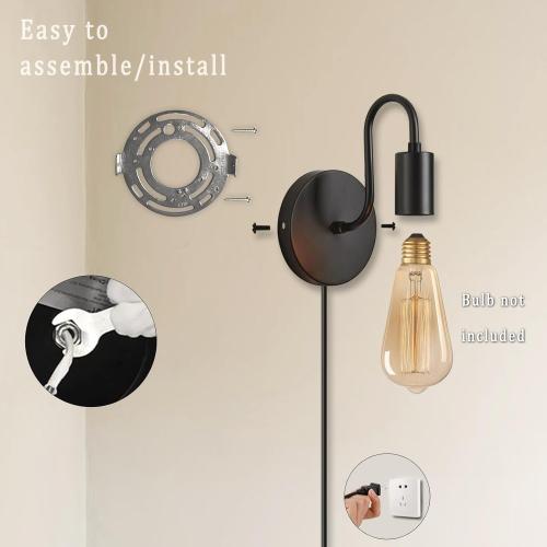 DTIEDY Plug in Wall Sconce with On Off Switch Industrial Wall Mount Light Fixture E26 Vintage Wall Sconces with Plug in Cord Black Metal Farmhouse 1-Light Wall Lamp for Bedroom Living Room
