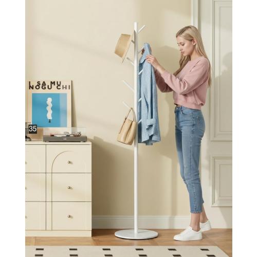 Coat Rack with 8 Hooks, 3 Adjustable Heights, Modern Hall Tree, Sturdy Metal Clothes Stand with Sintered Stone Base for Entryway, Office, Bedroom, for Coats, Hats, Handbags and Scarves, White