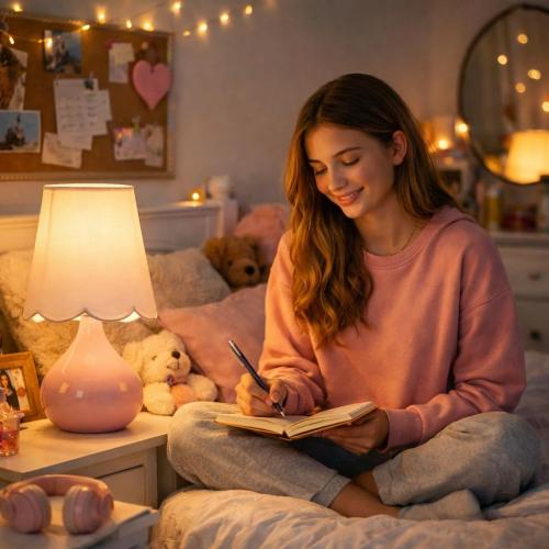 14''H Cordless LED Ambient Table Lamp, Rechargeable Ceramic Bedside Lamp with 3-Level Dimmable Soft Lighting, Linen Shade, Cozy Room Decor for Teens (Pink)