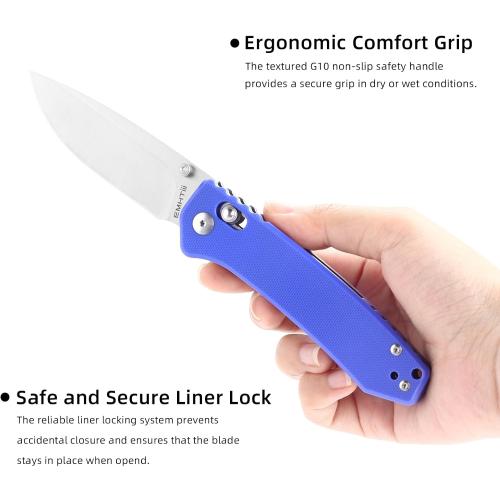 Pocket Folding EDC Knife: 3.14 D2 Steel Satin Sharp Blade, G10 Scales, Crossbar Axis Lock, Reversible Clip, Great Gifts for Men Women Camping Hiking Outdoor, Blue