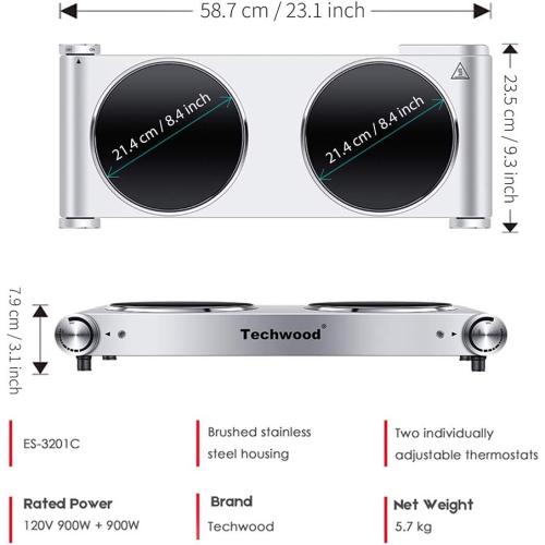 Hot Plate, Techwood 1800W Dual Electric Stoves, Countertop Stove Double Burner for Cooking, Infrared Ceramic Hot Plates Double Cooktop, Silver, Brushed Stainless Steel Easy to Clean Upgraded Version