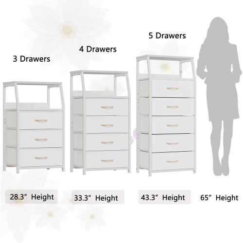 Furnulem White Dresser with 5 Drawers, Vertical Storage Tower Fabric Dresser for Bedroom, Hallway, Entryway, Nursery, Closet Organizer, Nightstand Bedside Table Furniture, Sturdy Steel Frame, Wood Top