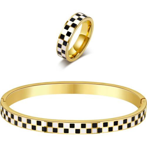 Checkered Stackable Jewelry Set: Black & White 316L Stainless Steel Bracelet & Ring | Non Tarnish Geometric Gift for Women | Hypoallergenic Unisex Gift (2-Piece)