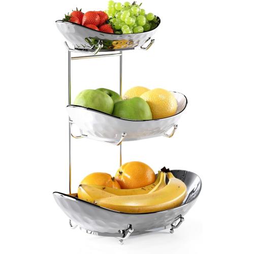 Fruit Bowl, 3 Tier Ceramic Fruit Basket, Serving Stand Serving Bowl with Metal Rack, Porcelain Kitchen Bowls for Fruit and Vegetable Storage Snack Nuts Dessert Cake Tray for Party Wedding