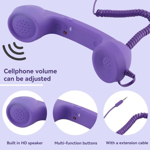 Telephone Handset for Cellphone, Retro Phone Handset with 3.5mm Jack Mobile Phone Receiver Old Telephone Headset Handheld Receiver for Cell Phone(Purple)
