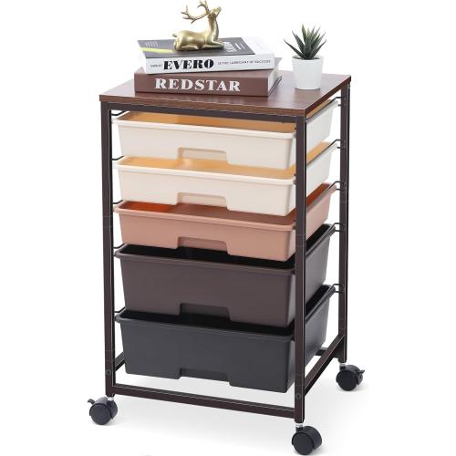 Utility Cart with 5 Drawers,Storage Drawer Cart with Wooden Tabletop and Lockable Wheels,Craft Storage Trolley Cart,5-Tier Rolling Utility Cart on Wheels,Dark Brown