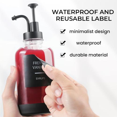 Set of 4 Coffee Syrup Dispenser for Coffee Bar, Set of 4 Non-Slip Glass Syrup Dispenser w. Labels and Silicone Sheath, 16.9 oz 500ml Syrup Pump Dispenser, Coffee Bar Accessories Simple Syrup Bottle w. Pump