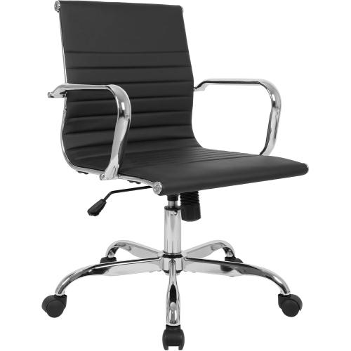 LANDSUN Home Office Chair Mid Back PU Leather Ribbed Swivel Tilt Adjustable Computer Desk Chair with Armrest Executive Conference Black