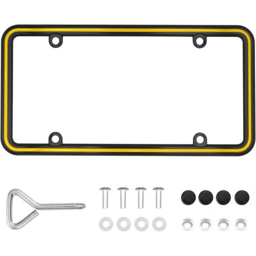 1pcs Heavy Duty Metal License Plate Frame, Made of Zinc Alloy with 4 Holes License Plate Holder Never Rust and Unbreakable, with Mounting Hardware Kit, Screws Caps (BLK-Yellow)