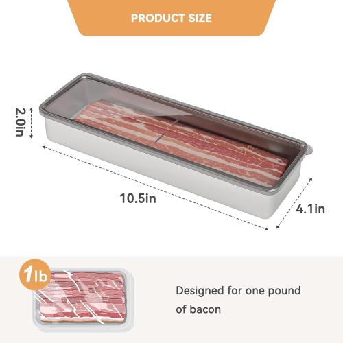 Freshmage Bacon Container for Refrigerator, 1 Pack 304 Stainless Steel Airtight Deli Meat Storage Container for Fridge Dishwasher Safe Long Kitchen Food Storage Containers with Lids with Elevated Base