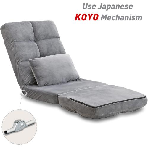 Indoor Floor Chaise Lounge Sofa Chair for Adults, 14-Angle Adjustable Recliner with Back Support & Pillow, Foldable Floor Lounger, Comfort for Living Room, Reading, Relax - Grey