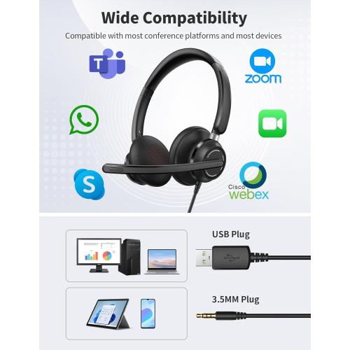 BLACK USB Headset with Microphone for PC, Wired Headphones with Noise Cancelling Mic, Computer Headset with in-line Controls, 3.5mm & USB Plug for Zoom, Skype, Call Center, Office Use, Black