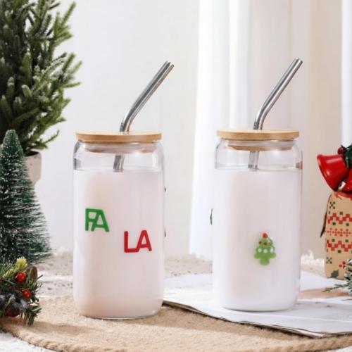 Honeydak 2 Pcs Christmas Icon Juice Glass Tumbler with Lid and Straws - 18 oz Christmas Tree & FA LA LA Drinking Glasses Coffee, Beer, Soda, Juice Cups for XMAS Party Supplies Gift