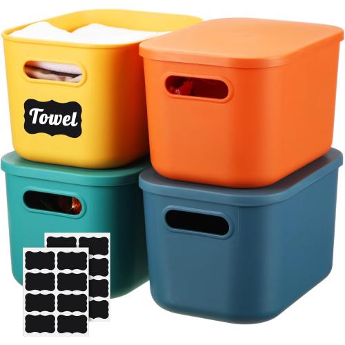 Tanlade 4 Pcs Plastic Storage Bins Stackable Baskets with Lid and Handle Colorful Desktop Storage Box Cubby Containers for Shelf Bedroom Office, Include 1 Erasable Marker, 16 Stickers(10 x 7 x 6 in)