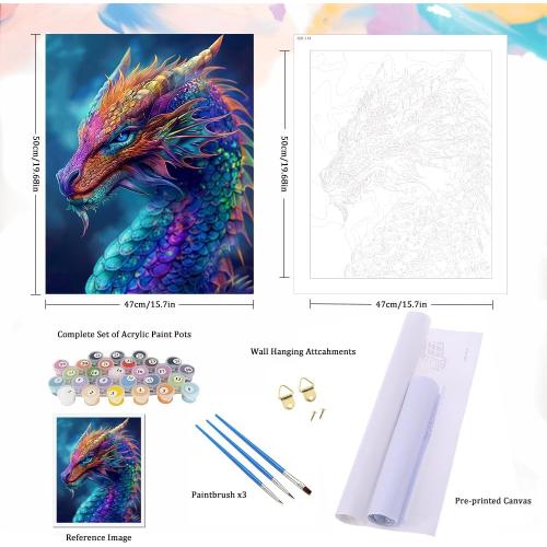 Natuyalo Paint by Numbers Kits for Adults Colorful Dragon Paint by Number for Adults Beginner Animal Drawing Paintwork with 3 Paintbrushes Acrylic Canvas Painting 16x20 Inch
