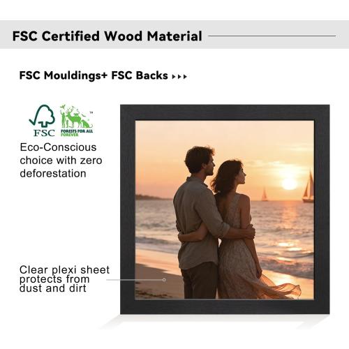 Boarding 12x12 Wood Picture Frame with Shatter-Resistant Glass, Black Square Frame with Engineered Wood for 10x10 with Mat or 12x12 Without-Sylvan Collection for Wall Display