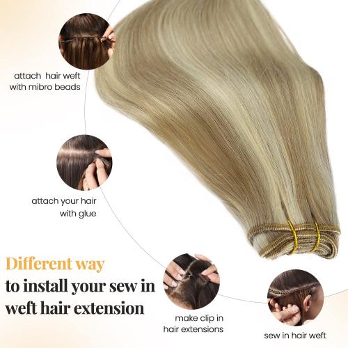 Sew in Extensions Human Hair 24Inch 120Grams Blonde Highlights Hand Tied Weft Hair Extensions Light Brown Mix Platinum Blonde Straight Weft Hair Extensions Real Human Hair Double Weft Sew in Bundles