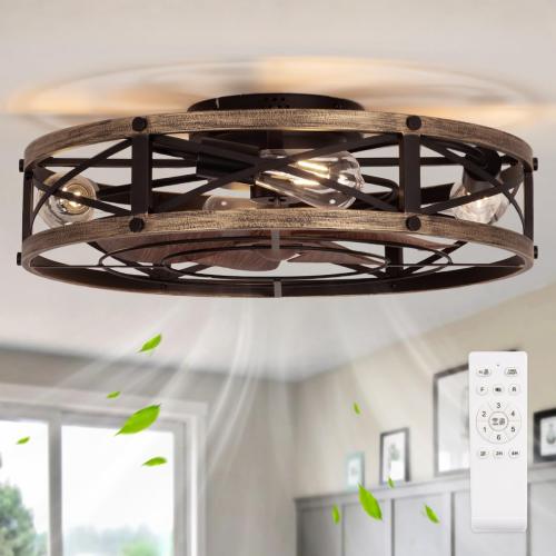 SHLUCE 22 Farmhouse Ceiling Fan with Light, Rustic Caged Bladeless Low Profile Ceiling Fans with Lights and Remote, Modern Flush Mount Ceiling Fans with Lights for Bedroom, Living Room - ETL