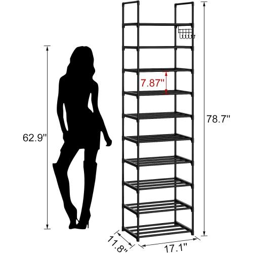 Narrow Shoe Rack 10 Tiers Tall Shoe Rack for Entryway 20 24 Pairs Shoe & Boots Organizer Storage Shelf Durable Black Metal Stackable Shoe Cabinet with Hooks, 17.1D x 11.8W x 78.7H in