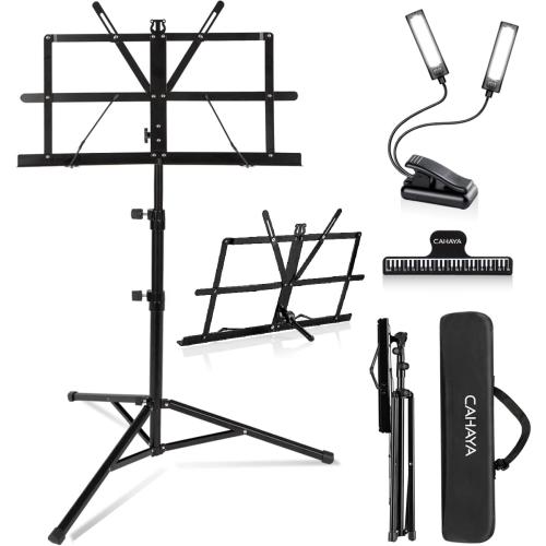CAHAYA Dual-Use Reinforced Folding Sheet Music Stand with Stand Light & Desktop Book Stand Lightweight Portable Adjustable with Carrying Bag Including Music Sheet Clip Holder