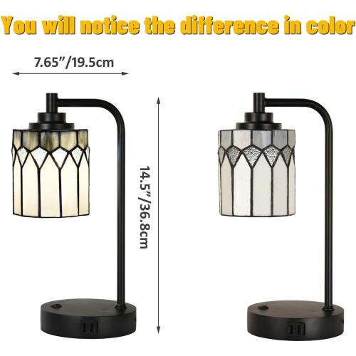 TL0019 Tiffany Table Lamp with 2 USB Charging Ports, Desk Lamp with Geometric Stained Glass Lamp Shade, Retro Nightstand H 14.5 for Bedrooms Office Study, LED Bulbs Included (Grey)