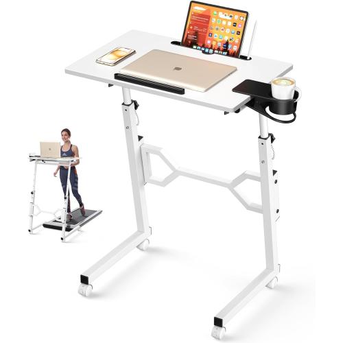 Color White Small Standing Desk with Wheels, Portable Treadmill Desk, Rolling Desk Adjustable Height for Laptop, Mobile Standing Table for Walking Pad, Bedside Table