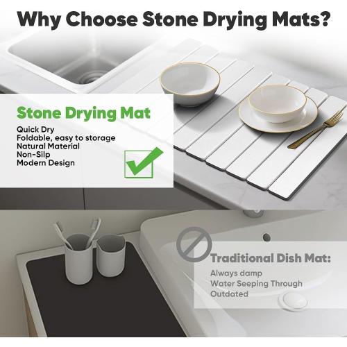 Stone Dish Drying Mat for Kitchen Counter - 24 x 16 Ultra Absorbent Diatomaceous Earth Mat, Fast Drying & Foldable Countertop Protector, Non-Slip Eco-Friendly Stone Mat for Dishes