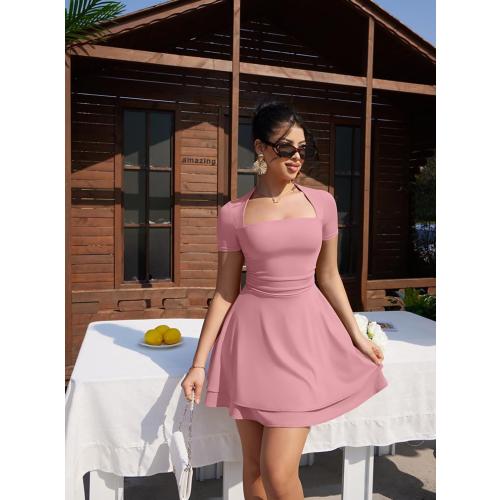 XXTAXN Women's Sexy Square Neck Short Sleeve Ruched Tiered Ruffle Hem Flowy Club Party Mini Dress large