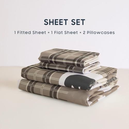 Wake In Cloud - Rustic Bed Sheets, 3-Piece Sheet Set, Cabin Christmas Lodge Western Country Bear Deer Holiday RV Outdoor Theme Bedding, Deep Pocket, Taupe, King  Size