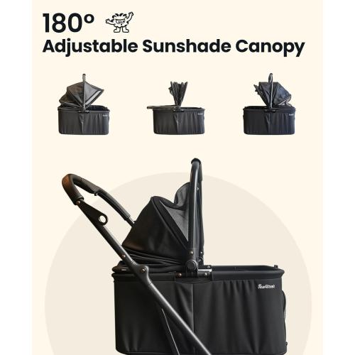 4 Wheels Pet Stroller, Dog Stroller for Small/Medium Dogs and Cats up to 33 lbs, One-Click Fold & Draggable, Removable Carrier, Zipperless Entry, Mesh Windows, Black