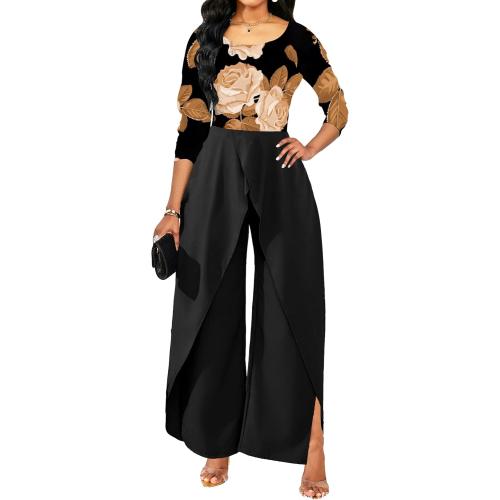 Sixe XXL Casual Floral Jumpsuit for Women Dressy Elegant Scoop Neck Long Sleeve Long Pants Cocktail Party Rompers