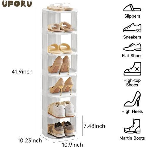 UFORU Small Shoe Rack, 7 Tier Plastic Vertical Shoe Rack for Small and Narrow Spaces, Free Standing Shoe Organizer for Closet, Entryway