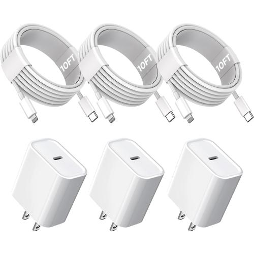 10FT iPhone Fast Charger,3Pack Extra Long[Apple MFi Certified]iPhone Charger Fast Charging Quick 10Foot USB C to Lightning Cable Cord Adapter Block for iPhone 14 Pro Max/14 Plus/13/12Mini/11/XS/X/iPad