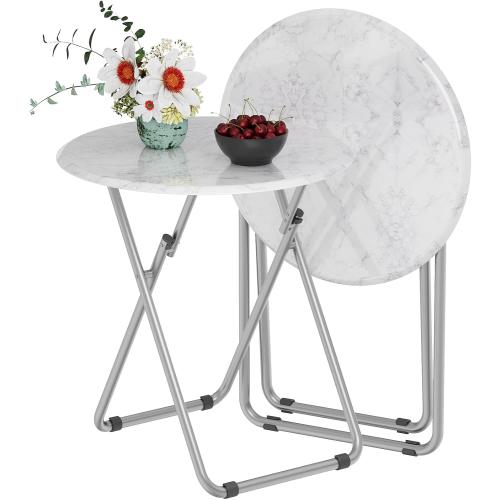 TV Tray Table, Round Folding Table, Foldable Snack Tray for Eating, Small Folding Table Set of 2, Dinner Table for Couch, Living Room, Small Space (White Marble, 2Pcs)