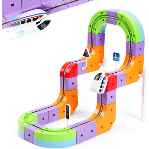 Electric Train Set for Kids,3D Infinity Flexible Track, DIY Track Building Kits with Train and Traffic Signs Traffic, STEM Gravity-Defying Learning Toy for Boys Girls 4 5 6 7 8 Birthday
