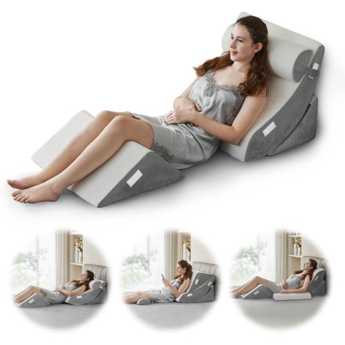 Ganaver 4pcs Orthopedic Bed Wedge Pillow Set Post Surgery Relaxing Back Adjustable Head Support Cushion Triangle Memory Foam Pillow for Acid Reflux Sleeping Reading Leg Elevation Snoring