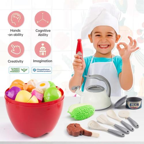 100Pcs Kitchen Playset, Kids Pretend Cooking Play Pots, Pans, Utensils, Cookware, Toy Food Fruits Veggies, with 2 Large Apple - Shaped Storage, Toddler Cooking Learning Gift (White)