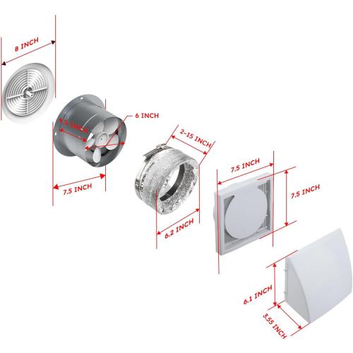 Quini 512M 6-inch Through Wall Exhaust Fan, 80 CFM 4.0 Sones, Bathroom Wall Exhaust Fan, Kitchen Ventilation Fan, 6-inch Diameter Vent, Retractable Duct
