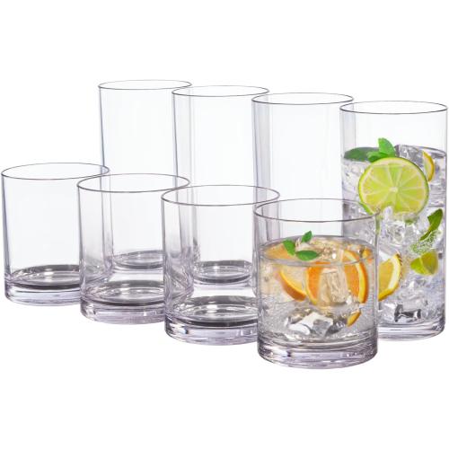US Acrylic Classic Clear Plastic Reusable Drinking Glasses (Set of 8) 12oz Rocks & 16oz Water Cups | BPA-Free Tumblers, Made in USA | Top-Rack Dishwasher Safe