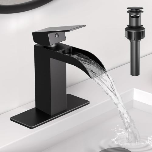 Matte Black Waterfall Bathroom Faucet 1 Hole or 3 Hole, Single Handle Rv Bathroom Sink Faucet with Pop Up Drain, Bathroom Vanity Faucet with cUPC Supply Hose and Deck Plate