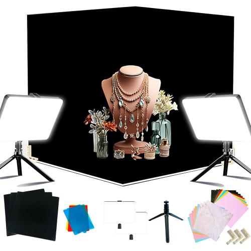 14PCS Absobent Black Flocked Photography Backdrop Boards with LED Lighting Studio Kit 16x16 inch Anti-Glare Photo Background Backdrop Shooting Tent for Product Food Jewelry Cosmetics Makeup