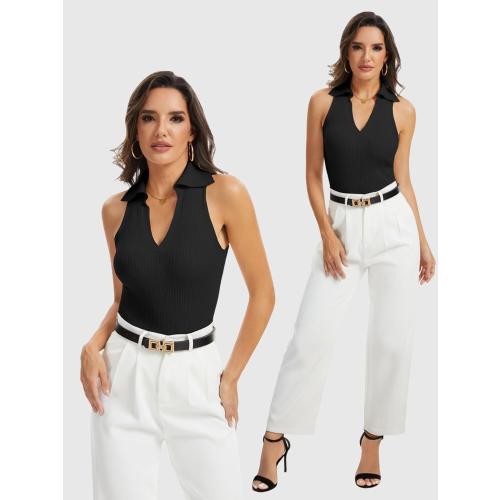 2XS.....Momtecanuo Women Ribbed Tank Top, Going Out Collared Camisole Top Business Casual Sleeveless V Neck Fitted Polo Shirt